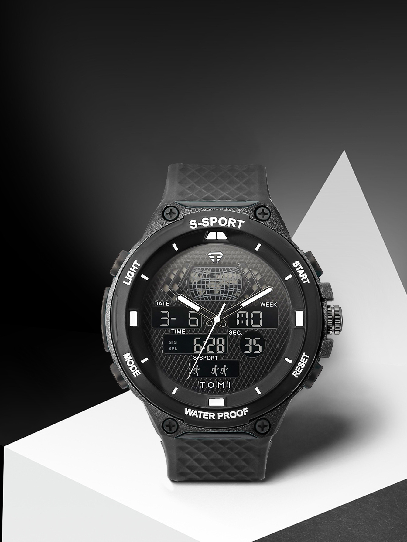 TOMI数字指针双显示创意休闲手表男士学生运动防水表高颜值石英表详情3