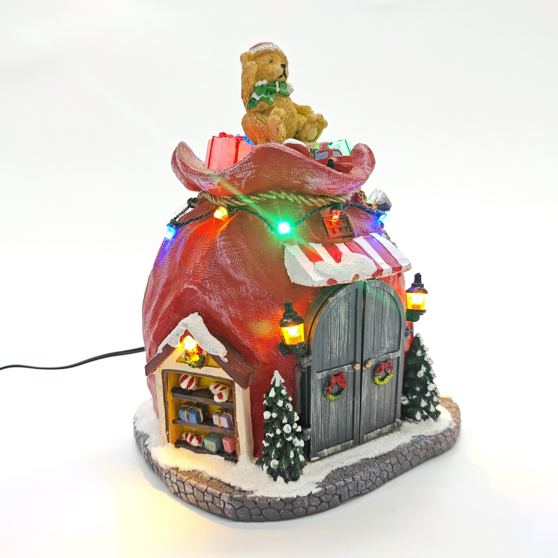 Cross-border Christmas gifts, illuminated ornaments, music boxes, Santa Claus, bear house scenes, opening and closing doors, resin colored lights pic 2