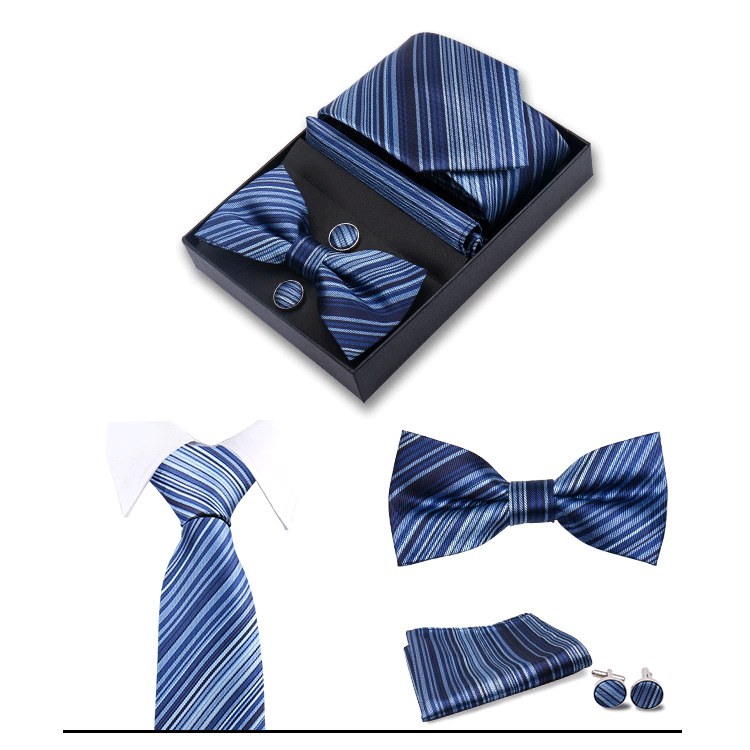 男士商务8cm领带领结口袋巾5件套礼盒装婚礼宴会条纹黑色手打领带详情23