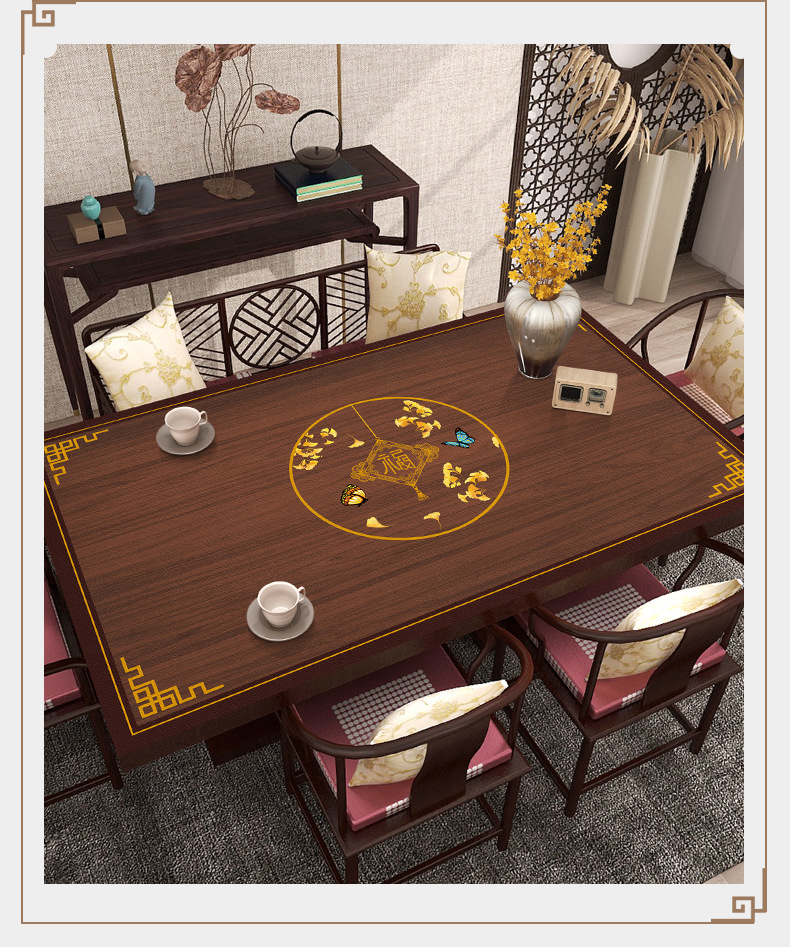 新中式皮革餐桌垫防水防油免洗茶几桌布中国风仿木纹桌垫保护垫布国潮详情7