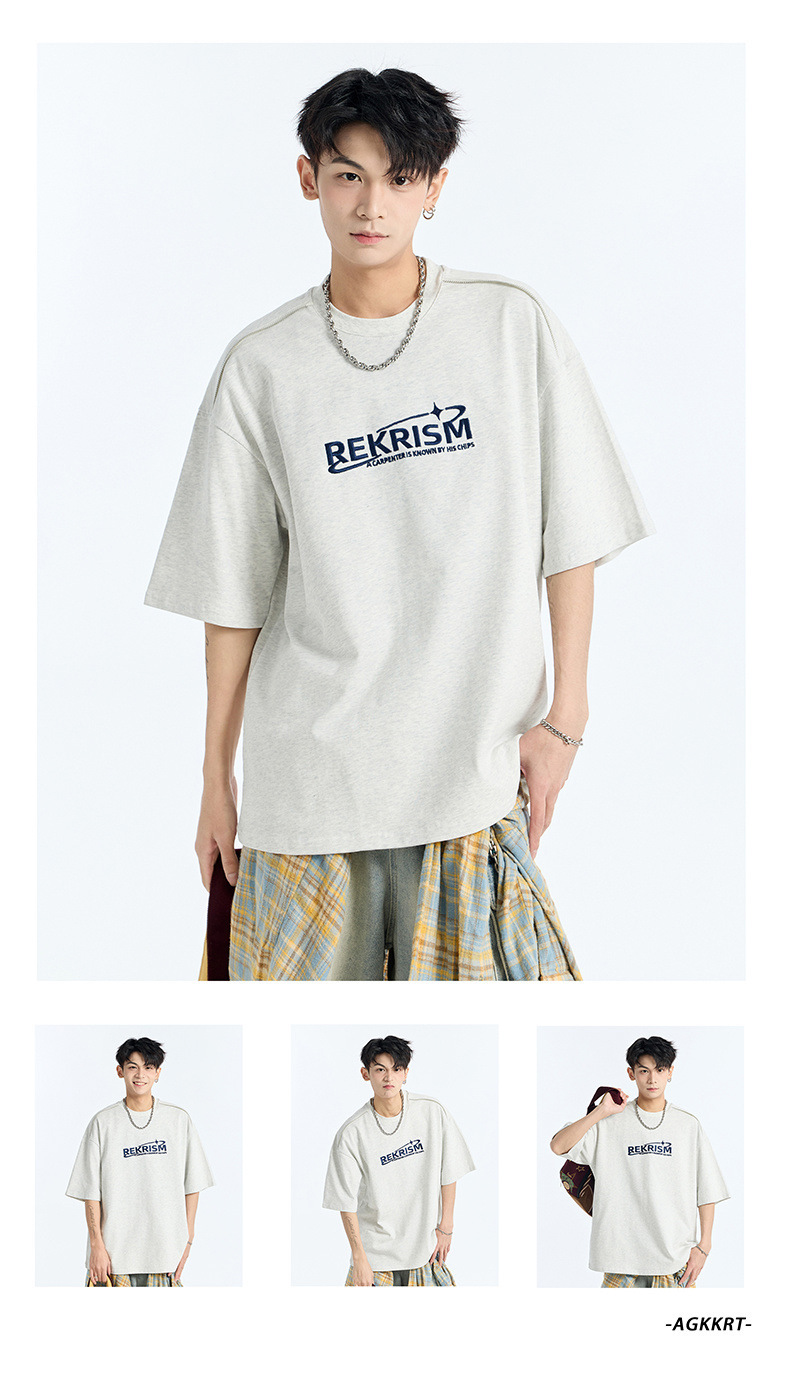 Heavy cotton short-sleeved T-shirt for men, Spring/Summer 2025, American letter print zipper design, loose and versatile base layer pic 22