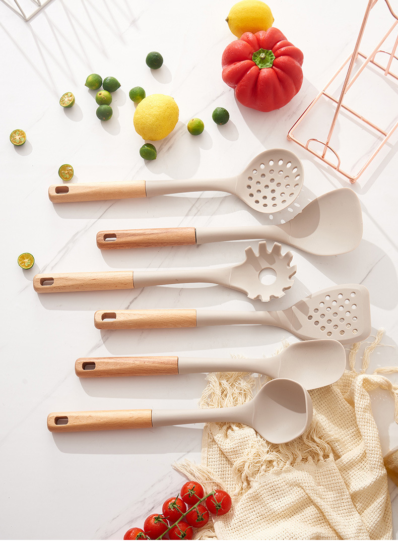 榉木柄硅胶厨具7件套不粘锅专用汤勺捞篱家用铁架硅胶厨房套装热详情11
