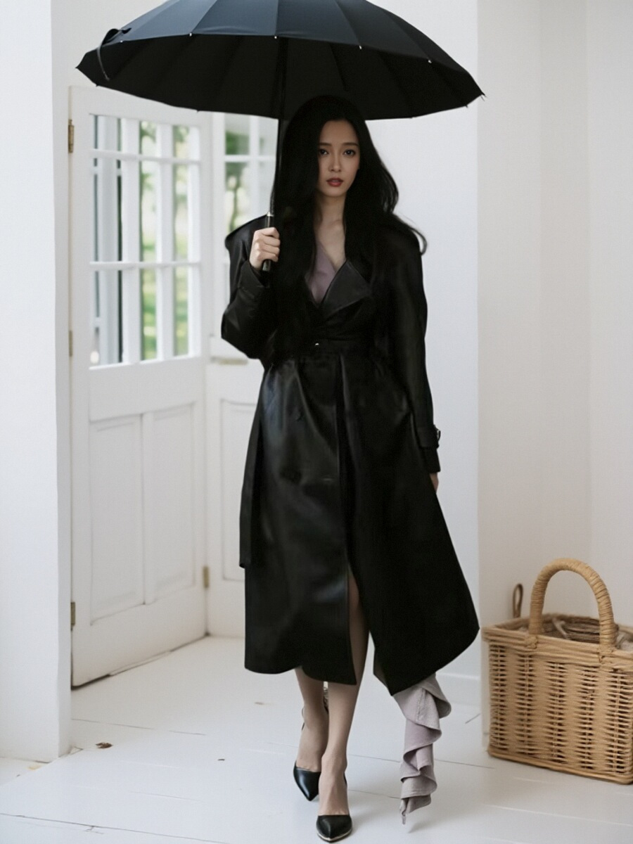 杨超越同款外贸黑色风衣女高级感2024新款长款高个子PU皮外套大衣详情1