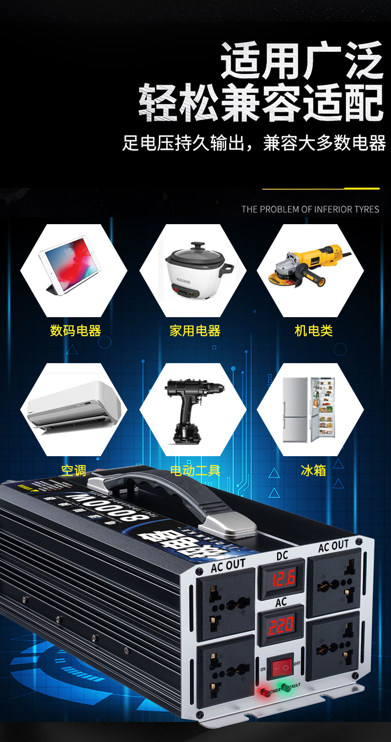 大功率转换器汽车货车电动车12V24V48V60V转220V修正波车载逆变器详情4