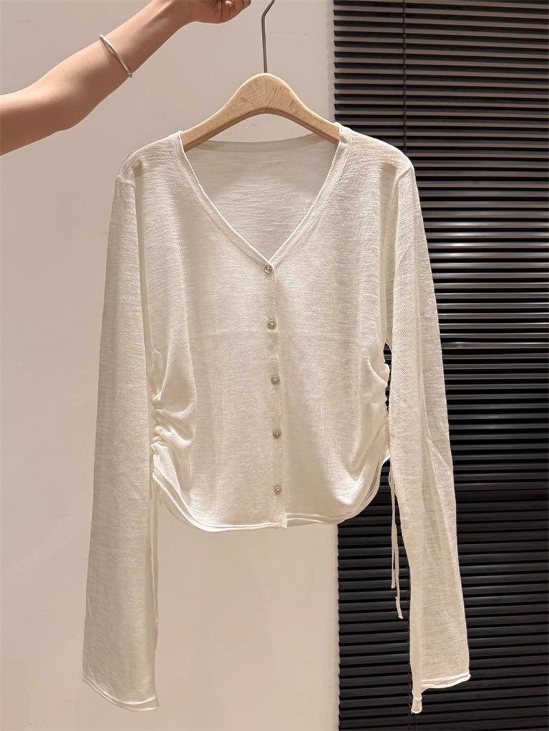 奥特莱斯~大牌余单V领防晒针织长袖开衫女潮夏季新款抽绳薄款上衣详情15