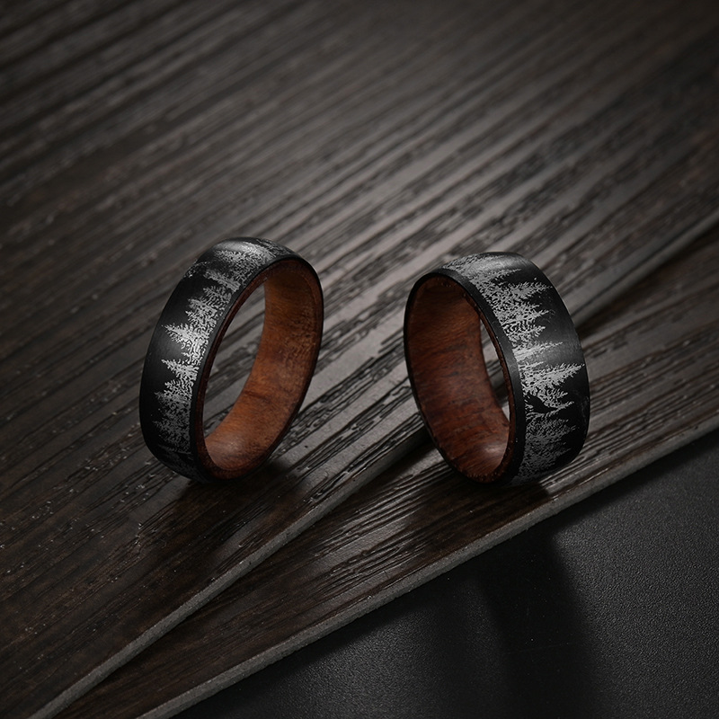 欧美跨境北美森林系钛钢戒指 镭射森林狼 高密度梨木实木内圈戒指详情5