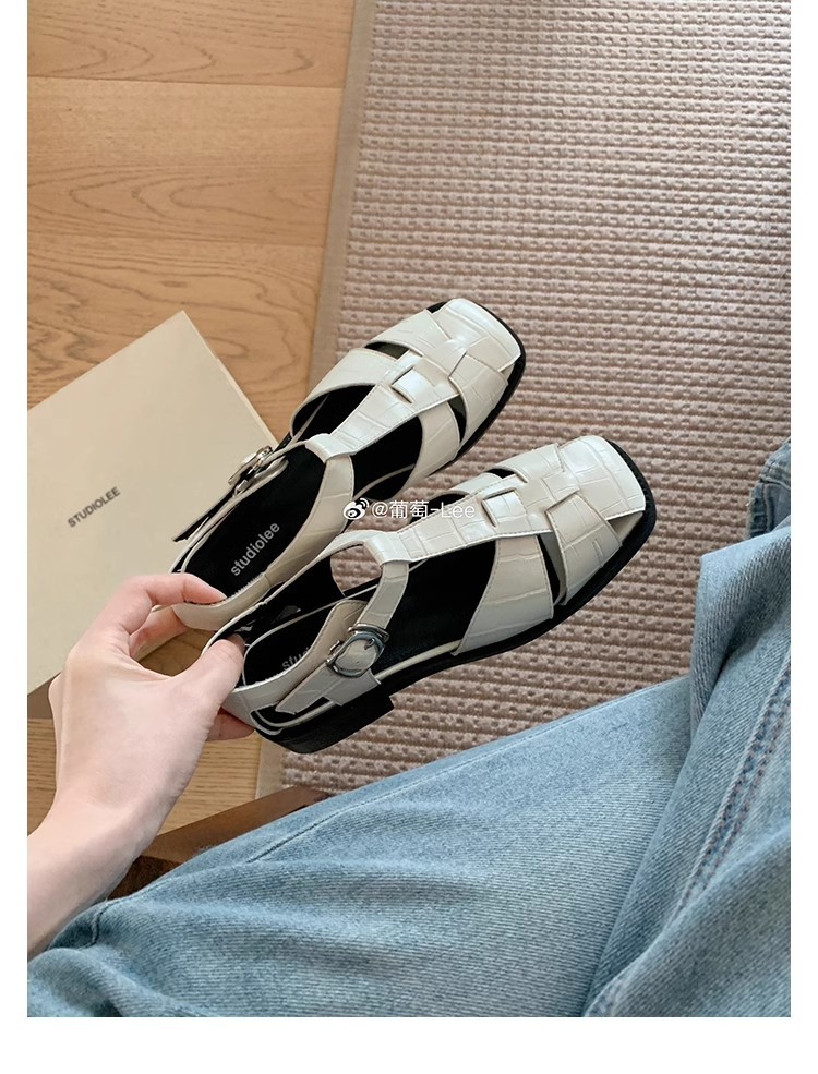 葡萄妈同款~罗马风编织设计方头镂空包头软面小粗跟凉鞋女夏详情6