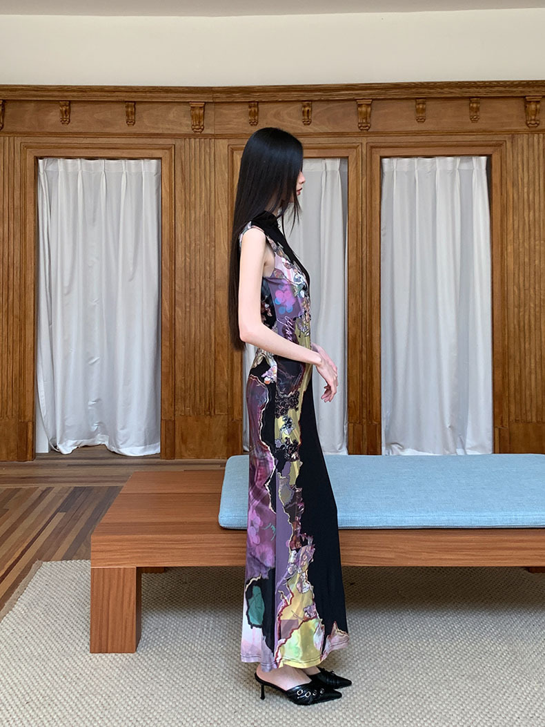 New Chinese-style two-piece contrasting color cheongsam dress for women with printed fishtail vest pic 10