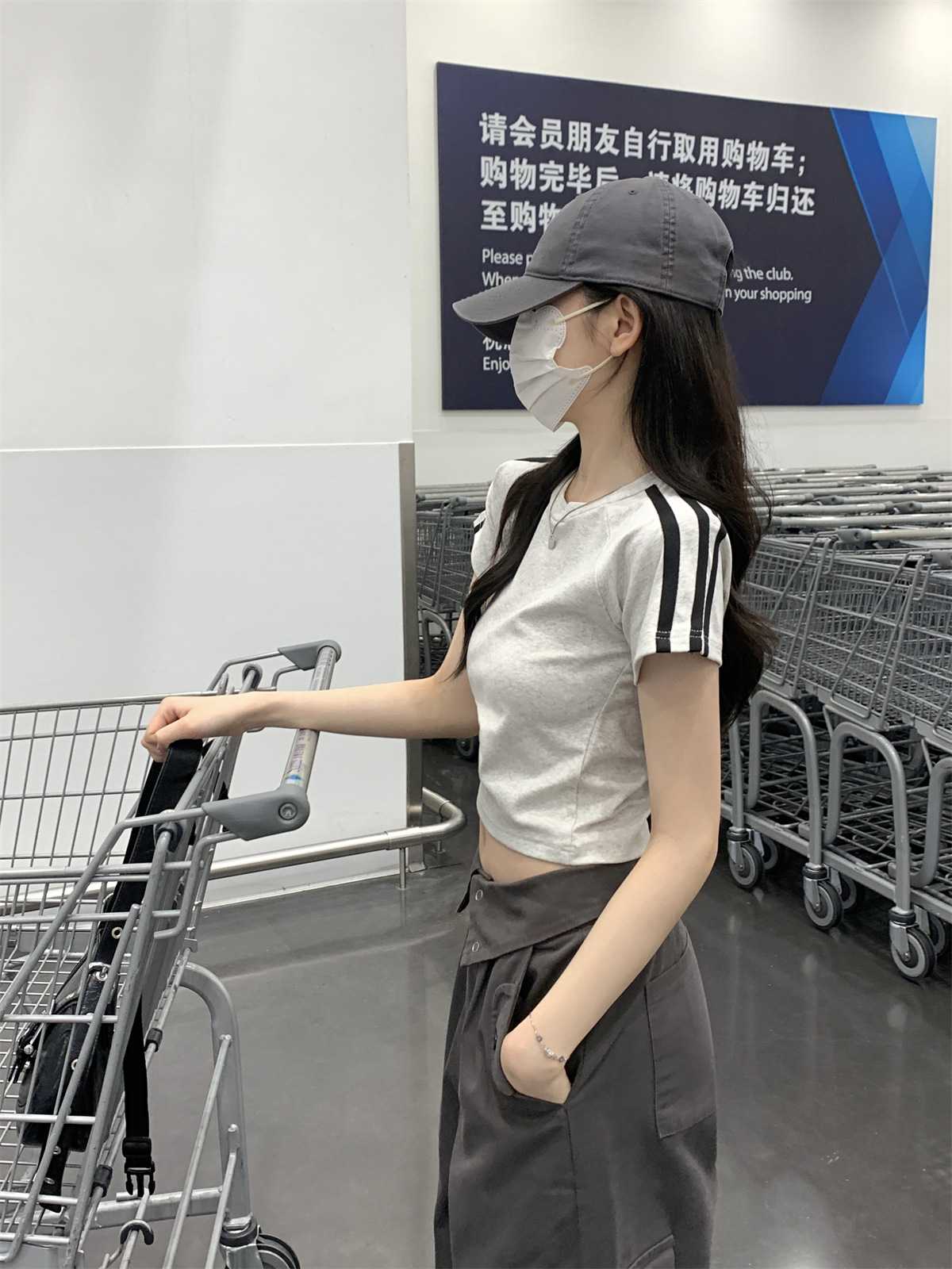 美式2024夏季新款韩版圆领修身插肩杠条显瘦百搭短袖T恤女装上衣详情26