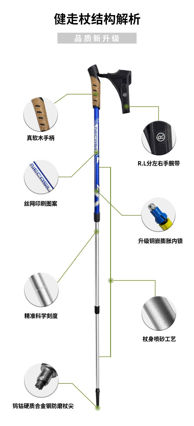 一对装户外伸缩健走杖铝合金越野登山杖超轻可调节徒步棒轻量便携详情5