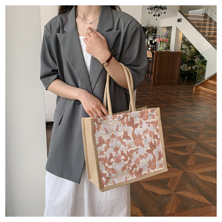 韩版文艺女包新款潮高颜值大容量棉麻时尚上班通勤手提袋便当包包详情36