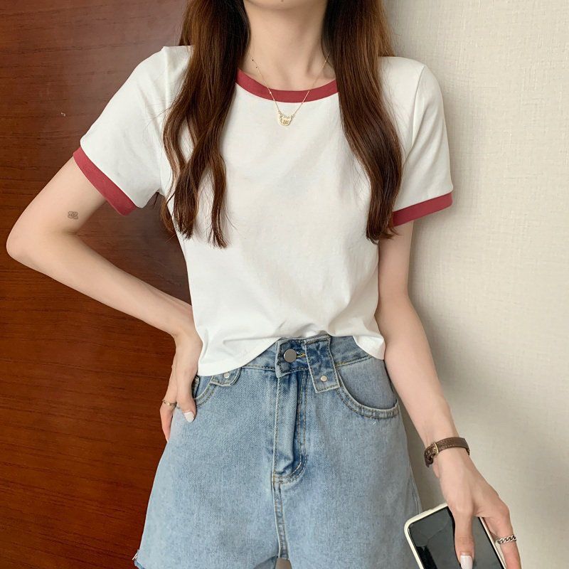 撞色圆领短袖t恤女2024年新款夏季打底衫韩版修身短款学生上衣潮详情23