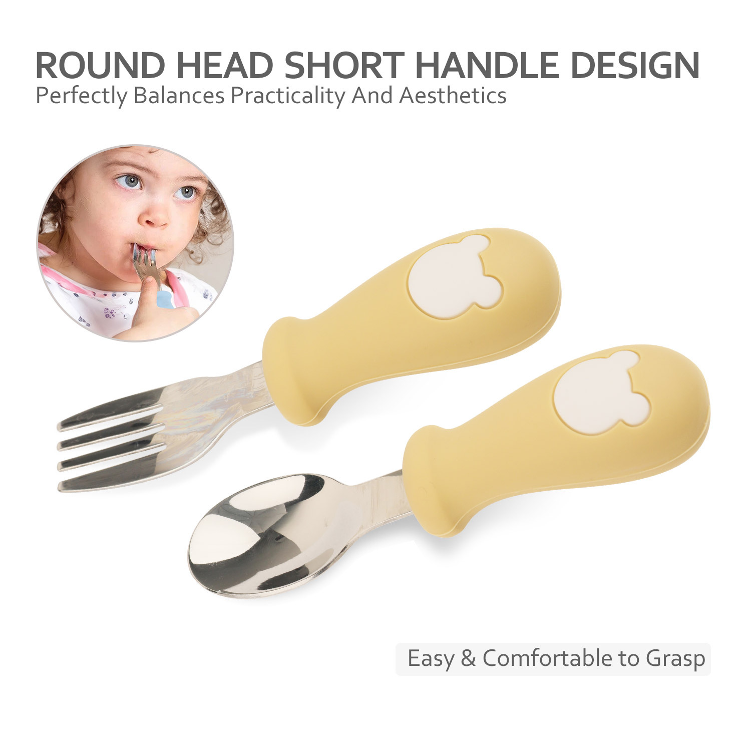 儿童短柄甜品勺子 不锈钢头勺叉套装 创意新品宝宝自主吃饭餐具 喂养餐具 安全耐用易清洗详情7
