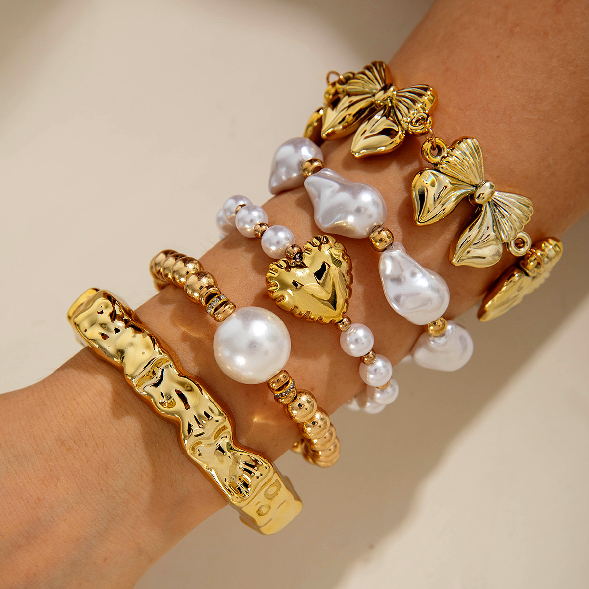 欧美跨境新款多层线条缠绕几何开口手镯套装朋克风波浪形串珠手链详情120