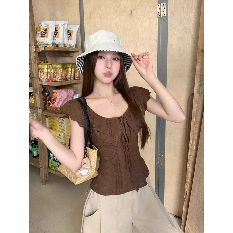 法式荷叶边绑带背心衬衫女夏季新款一字肩修身收腰上衣高级感小衫详情2