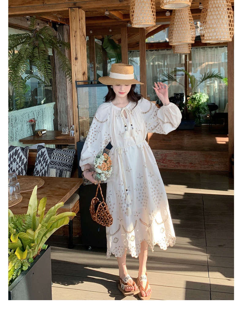 Real photo of a retro, gentle, cut-out embroidered V-neck apricot-colored dress, 2025 new seaside vacation style long-sleeved umbrella dress pic 33