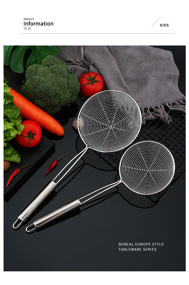 Stainless steel large strainer, household kitchen oil-frying filter, wire strainer, round tube, double-wire large noodle and dumpling scooping strainer pic 13