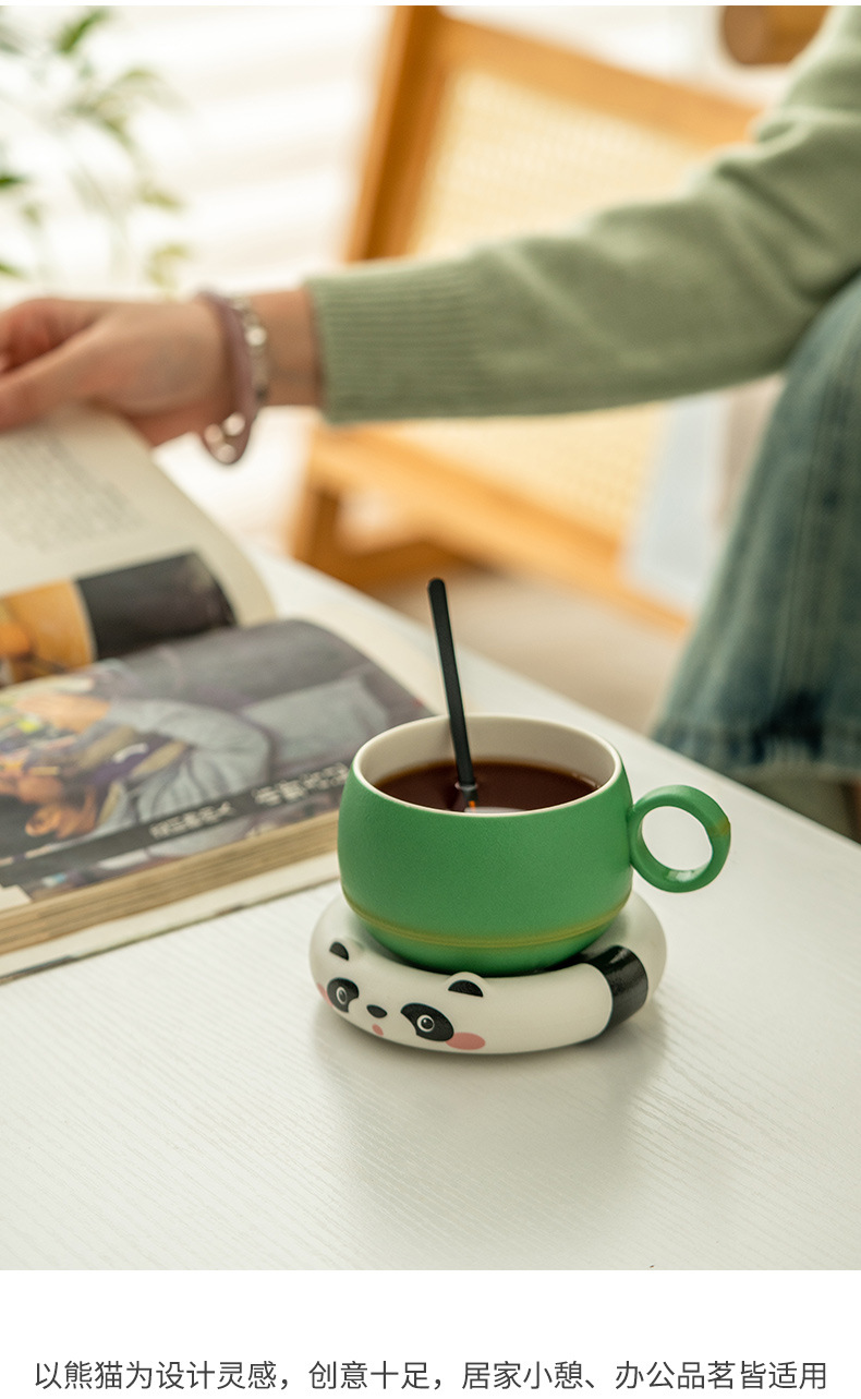 ins风熊猫马克杯陶瓷茶杯茶水分离杯创意杯过滤办公杯带盖咖啡杯详情8