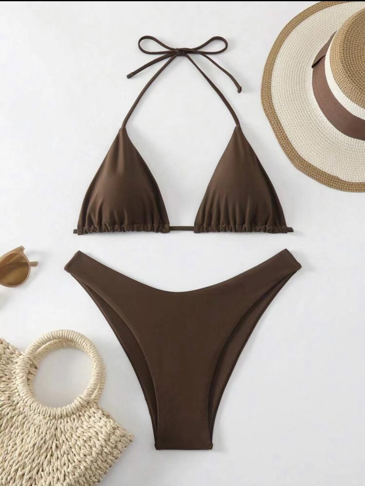 2026 New European and American strappy bikini swimsuit for women, solid color two-piece set, sexy split swimsuit cross-border pic 5