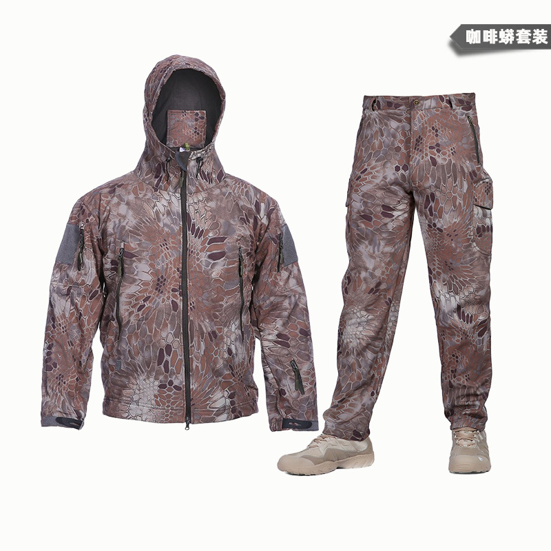 Yitu Tactical Sports Shark Skin Waterproof Soft Shell Down Jacket and Pants Alpha Green Warm Fleece Camouflage Down Jacket Set pic 6