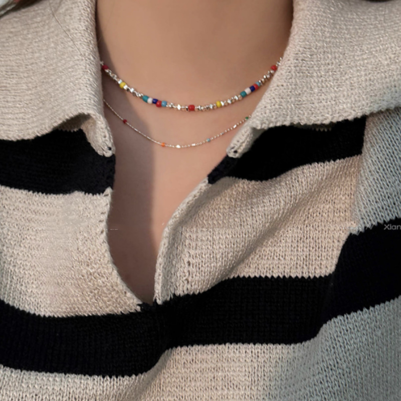 Colorful stacked beaded silver necklace, dopamine outfit necklace, light luxury and niche design sense collarbone chain necklace pic 6