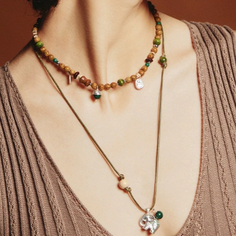 SWAH*图腾小象项链 董洁同款手工编绳小众复古高级串珠小象毛衣链详情4