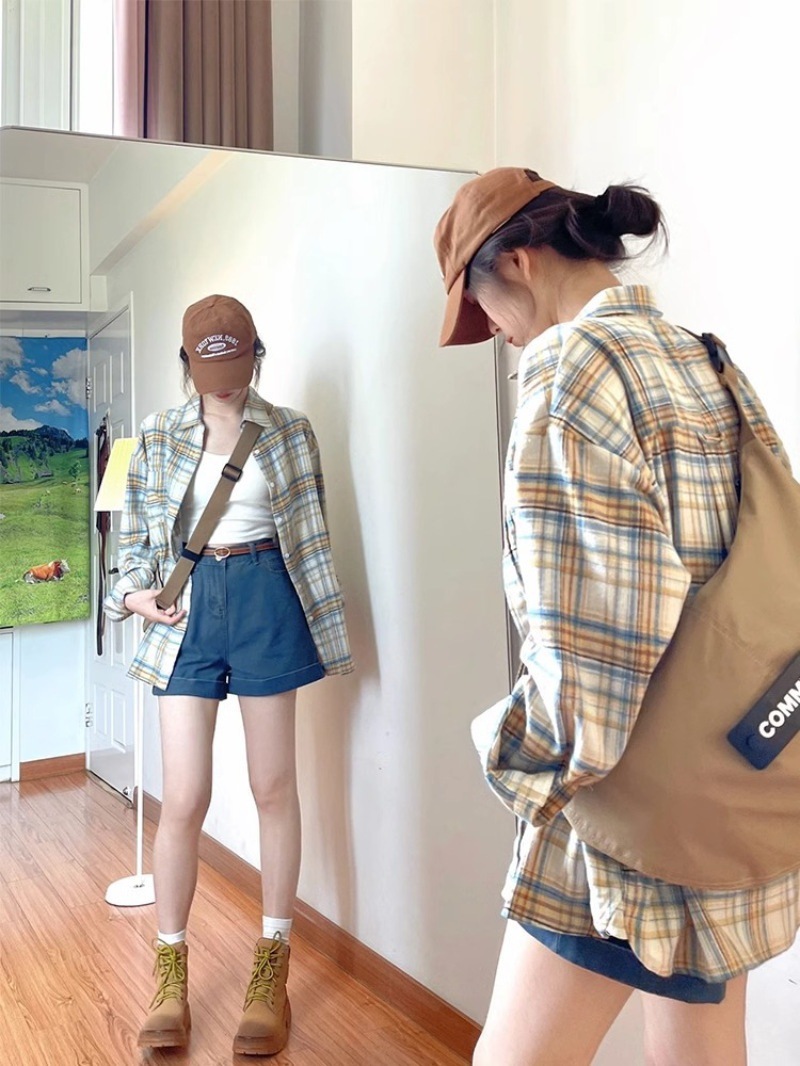幂式穿搭早秋女复古格子衬衫慵懒风宽松衬衣开衫外套长袖上衣详情11