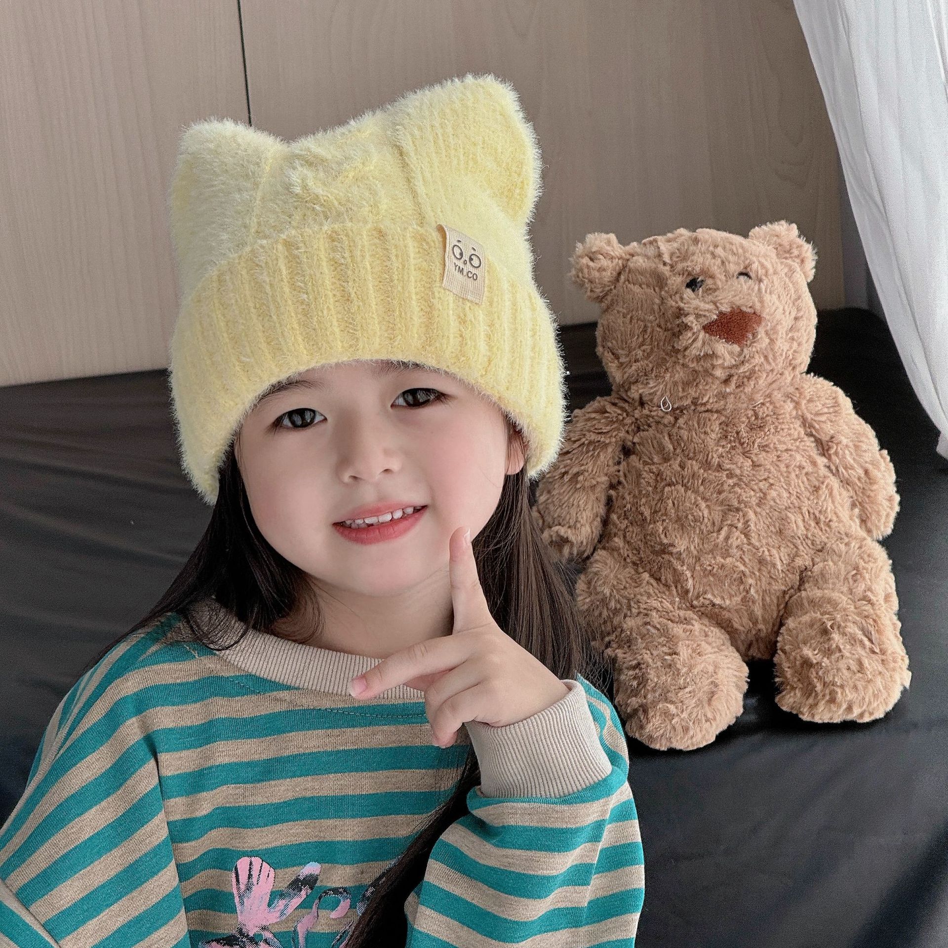 儿童针织帽日系可爱猫耳朵小标狐狸毛秋冬毛线帽防风保暖护耳帽详情5