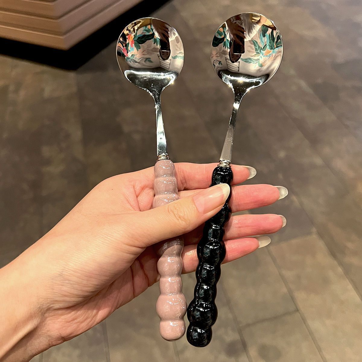 新款珍珠不锈钢勺子陶瓷柄少女心吃饭勺汤勺圆勺可爱勺子ins创意详情8