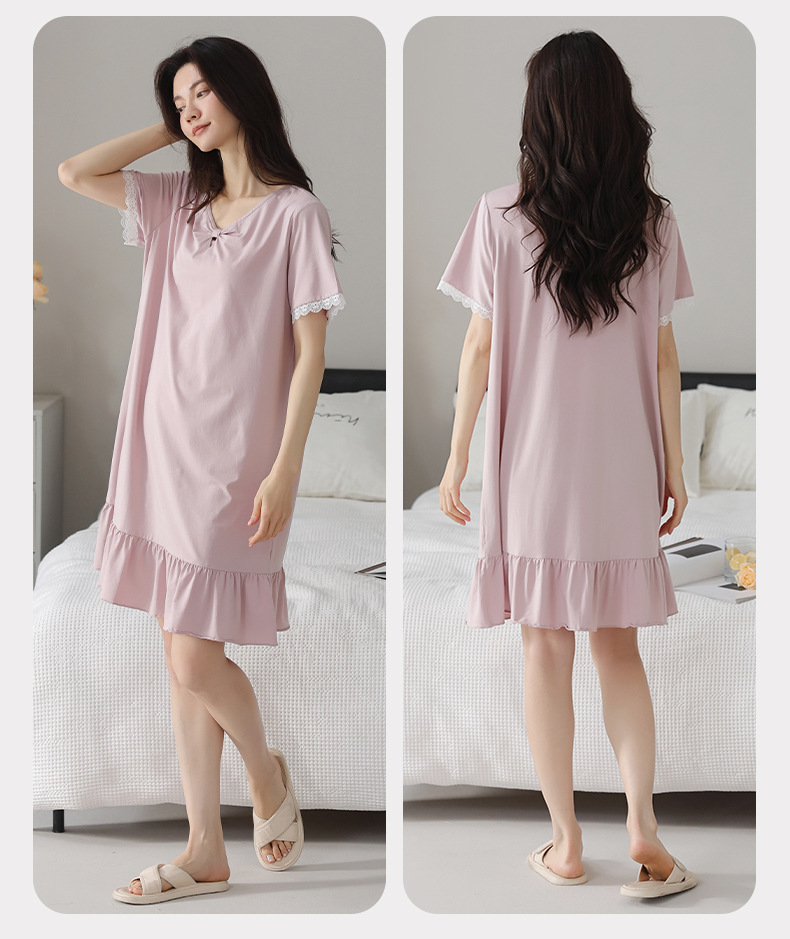 A light short-sleeved casual summer dress with a chest cushion for women. It can be worn as a mid-length skirt. It is made of modal cotton for summer home wear pic 28