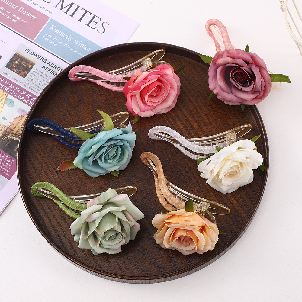 春夏新款仿真玫瑰花鸭嘴夹文艺氛围感配饰发夹半扎发甜美发饰头饰详情1