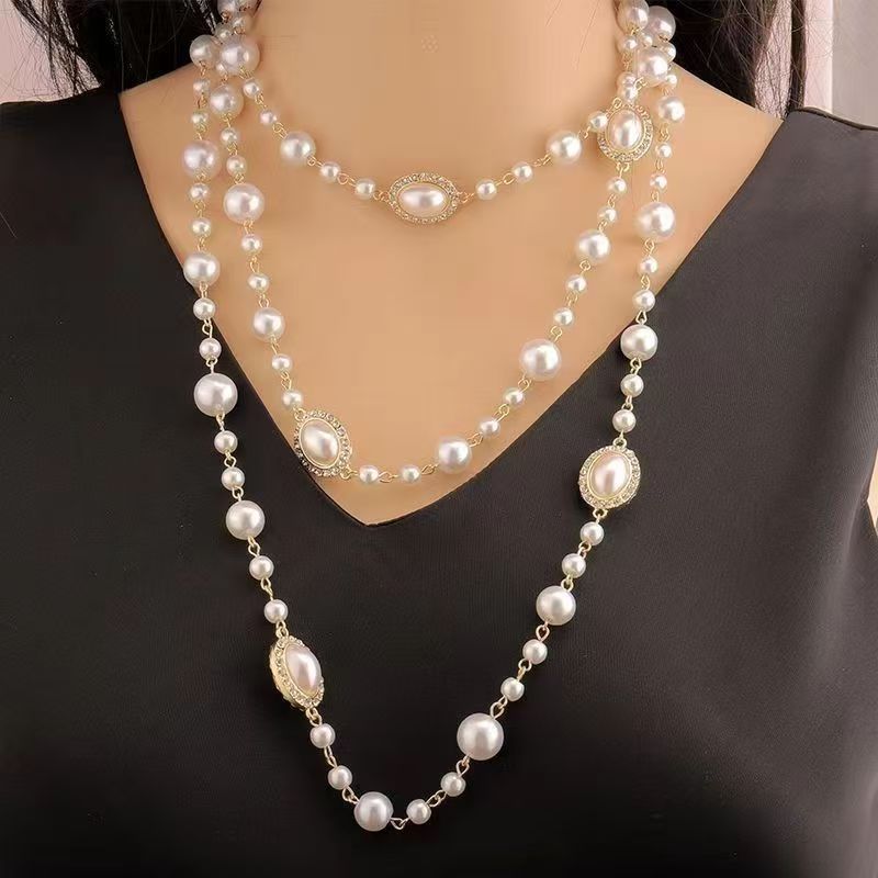 韩版新娘多层珍珠项链毛衣链长款名媛赫本同款婚纱旗袍项链配饰女详情3