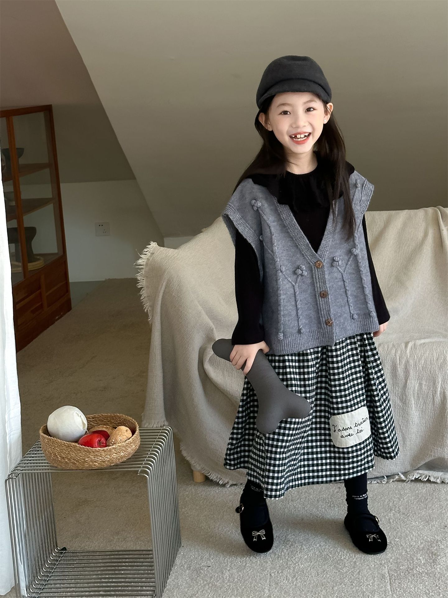 花与寻童装女童韩系穿搭洋气格子裙2024秋季新款百搭中长款半身裙详情16