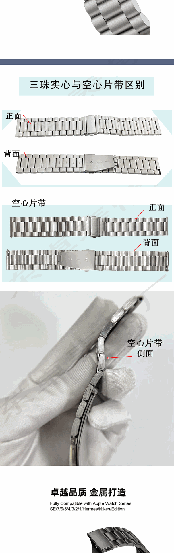 适用苹果智能手表带applewatch三珠不锈钢iwatch表带三星华为gt4详情8