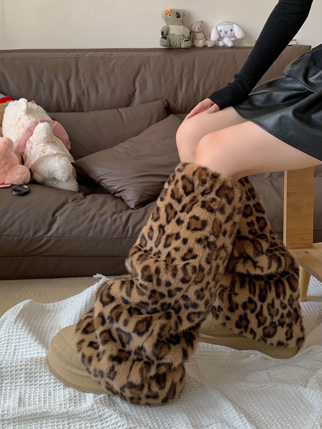 秋冬保暖加厚袜套阔腿豹纹靴套ins咖棕色毛毛绒JK腿套毛茸辣妹女详情6