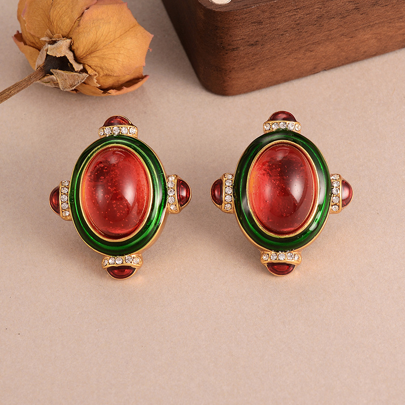 French retro glass oval earrings, unique diamond-encrusted court style, distinctive stud earrings, tiger eyes, high-end earrings for women pic 21