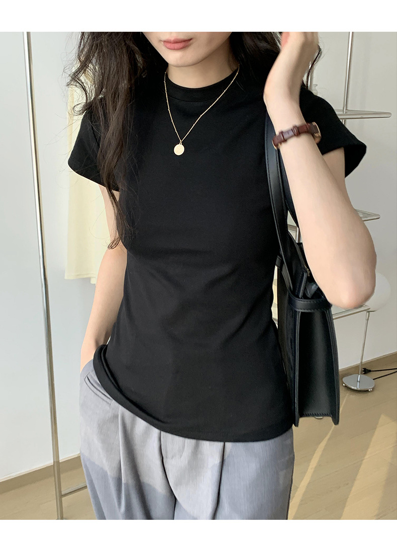 美式纯色正肩短袖t恤女2025ins潮牌辣妹圆领叠穿打底体恤修身显瘦详情31