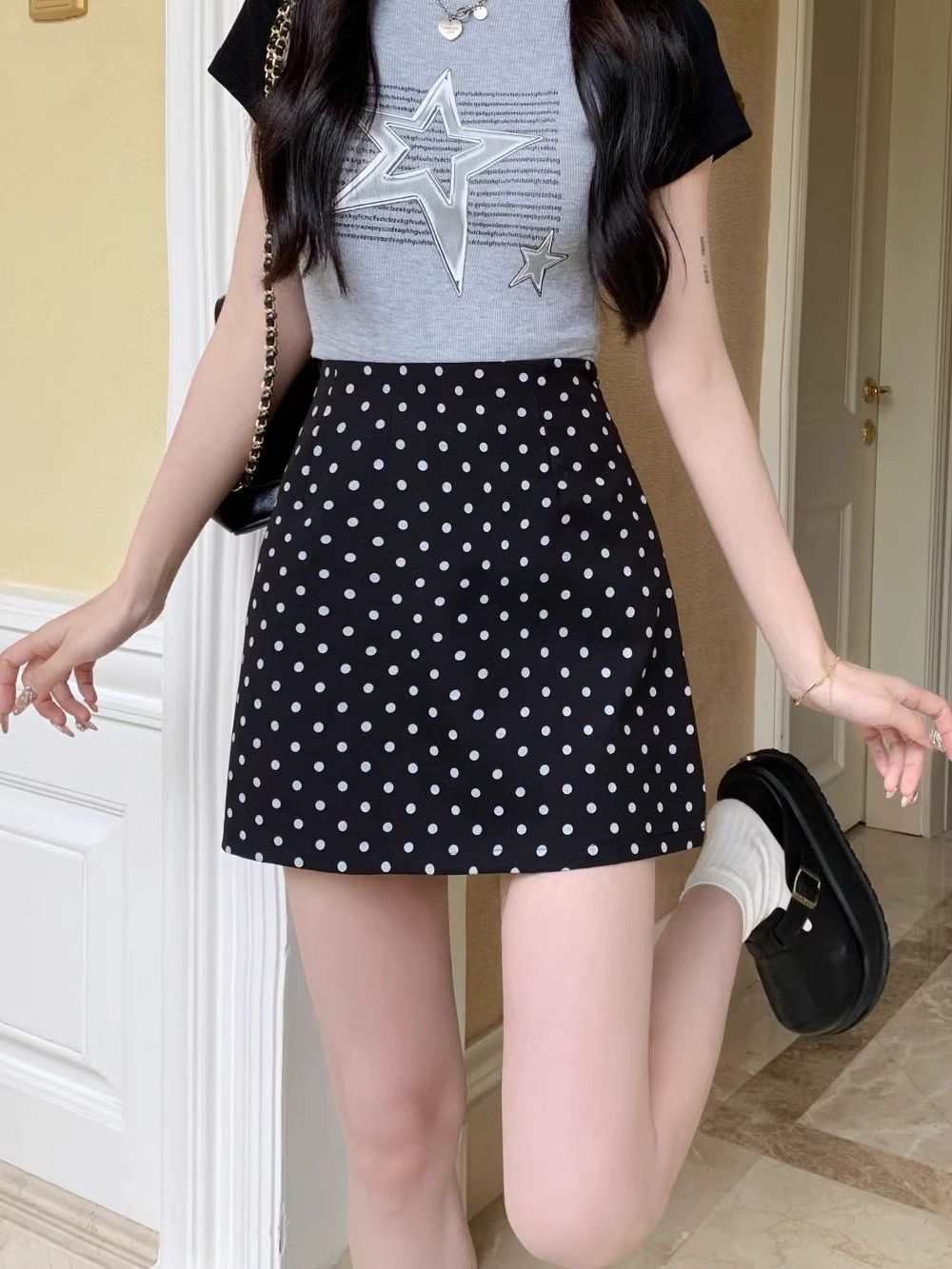 简漫妮波点半身裙夏季休闲百搭包臀裙女辣妹高腰A字裙西装短裙子详情16