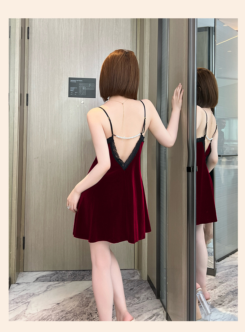 Retro velvet pearl chain backless nightgown for women, sexy deep V lace bow, multi-color home wear 987 pic 14