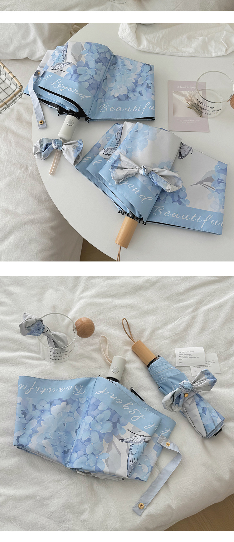 蓝色绣球花图案长柄伞色丁24骨雨伞定制一次性雨伞详情10