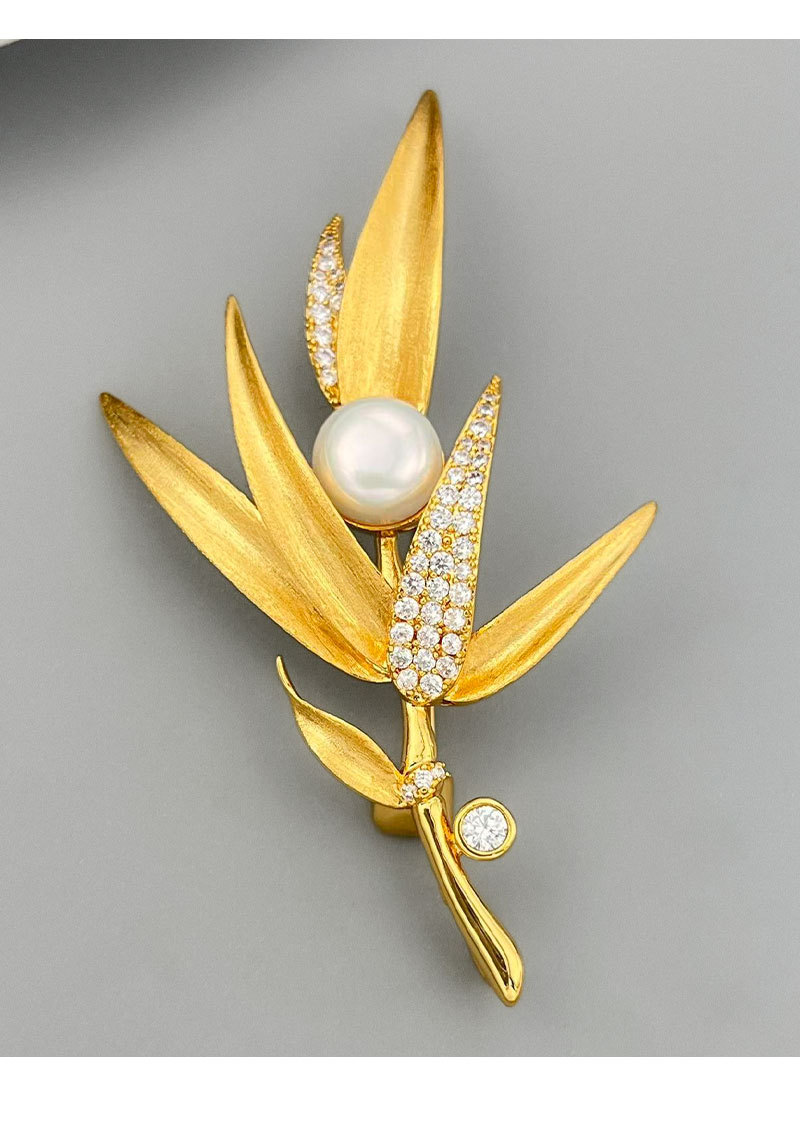 原创设计国风轻奢金色拉丝竹叶胸针铜合金镶锆淡水珍珠高级感别针详情21