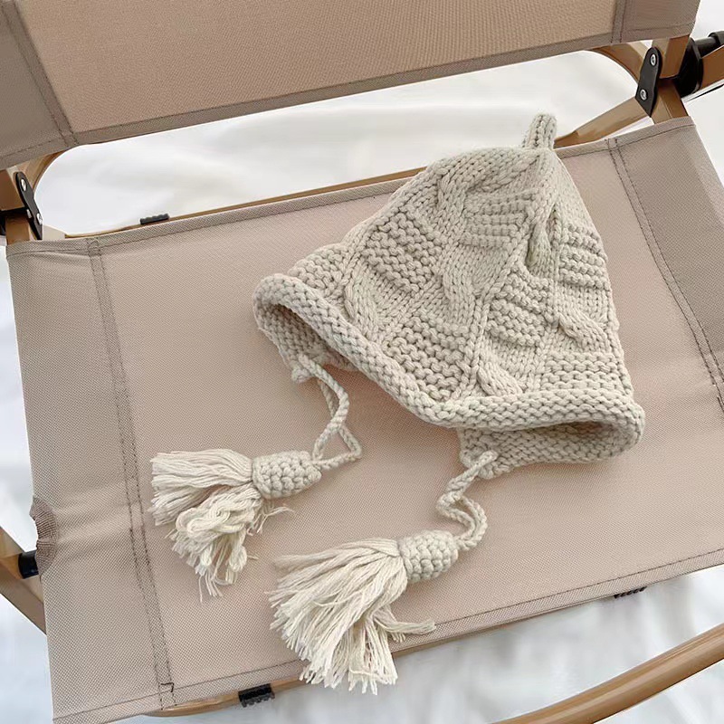 女童秋冬加厚流苏系带套头帽洋气手工针织帽新年红色帽保暖包头帽详情7