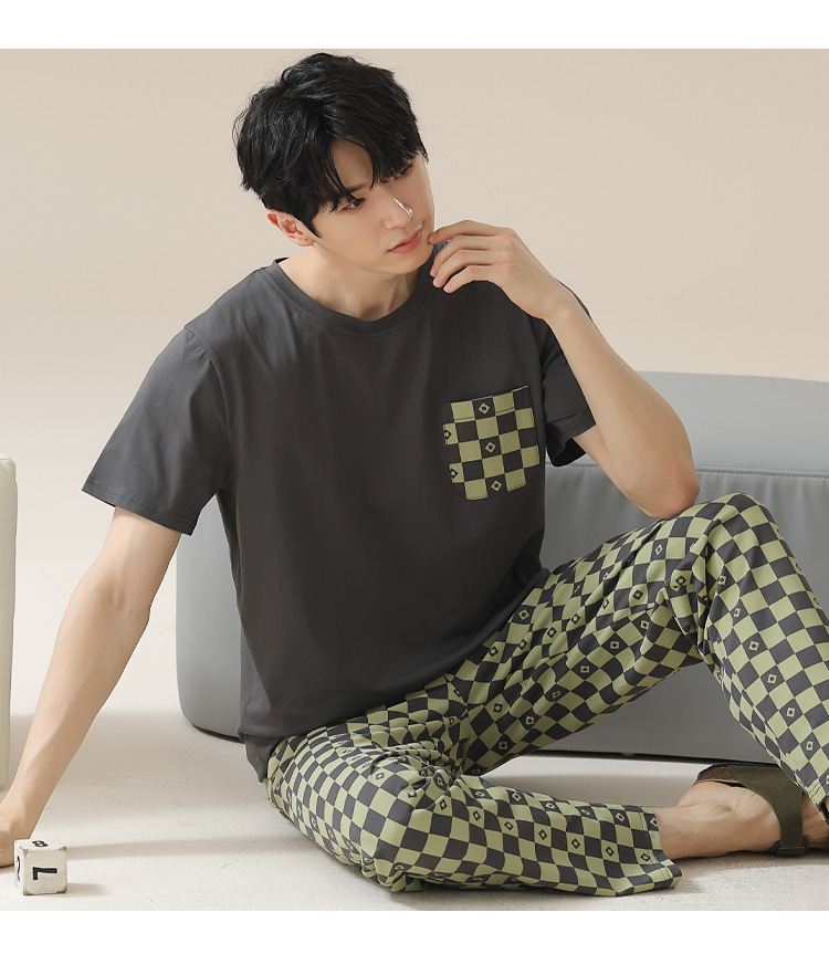 Summer pure cotton pajamas for men, cartoon casual short-sleeved shirts and long pants, pure cotton comfortable home wear, summer youth student set pic 84