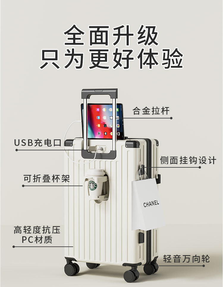 行李箱厂家代发 新款20寸休闲拉链旅行箱 静音杯架USB密码拉杆箱详情4