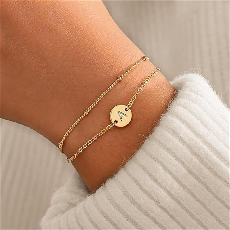 A new cross-border best-selling round 26-letter stainless steel double-layer bracelet for women, simple and personalized pic 3