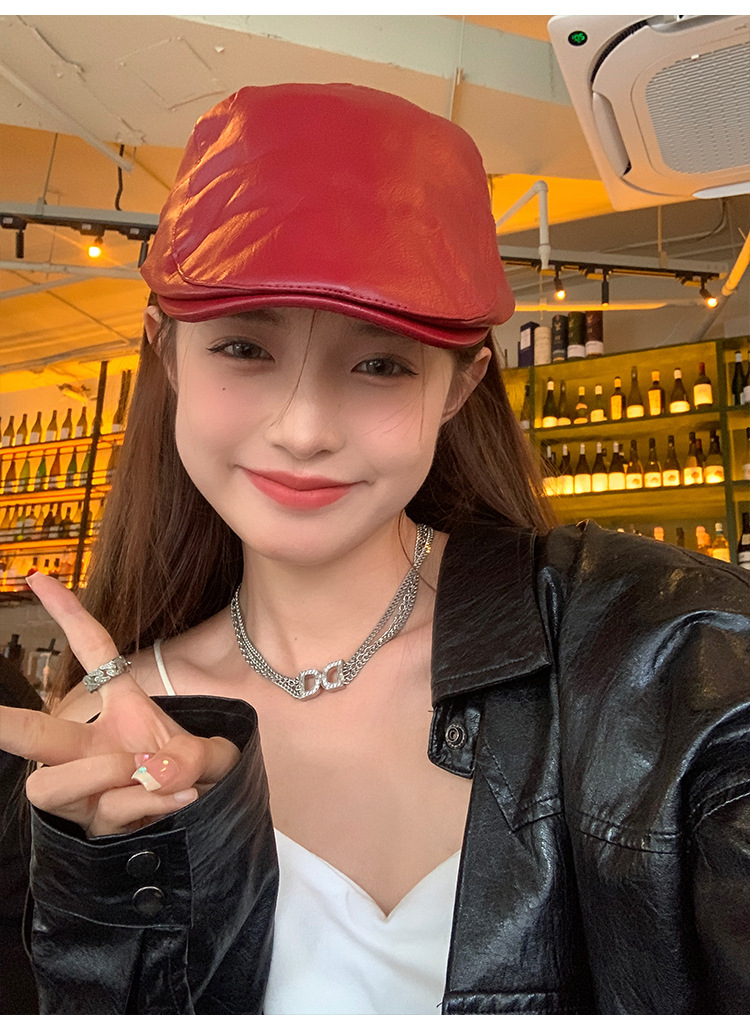 Red retro leather front hat, Korean style versatile duck tongue beret, fashionable newsboy cap, face-showing small hat pic 9