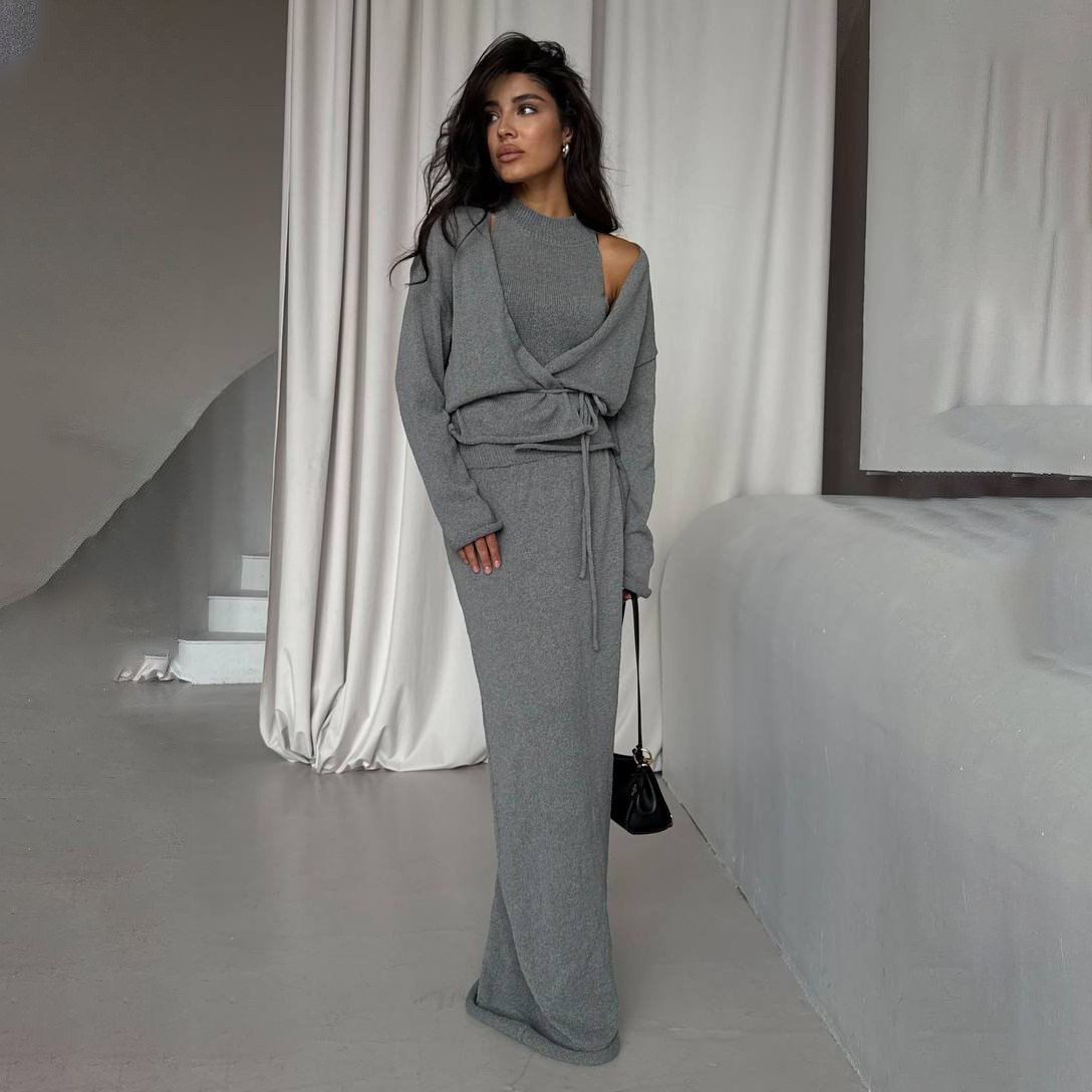 French-style laid-back lace-knit three-piece set, sleeveless slimming vest style, long-sleeved cardigan, hip-hugging, floor-length skirt pic 6