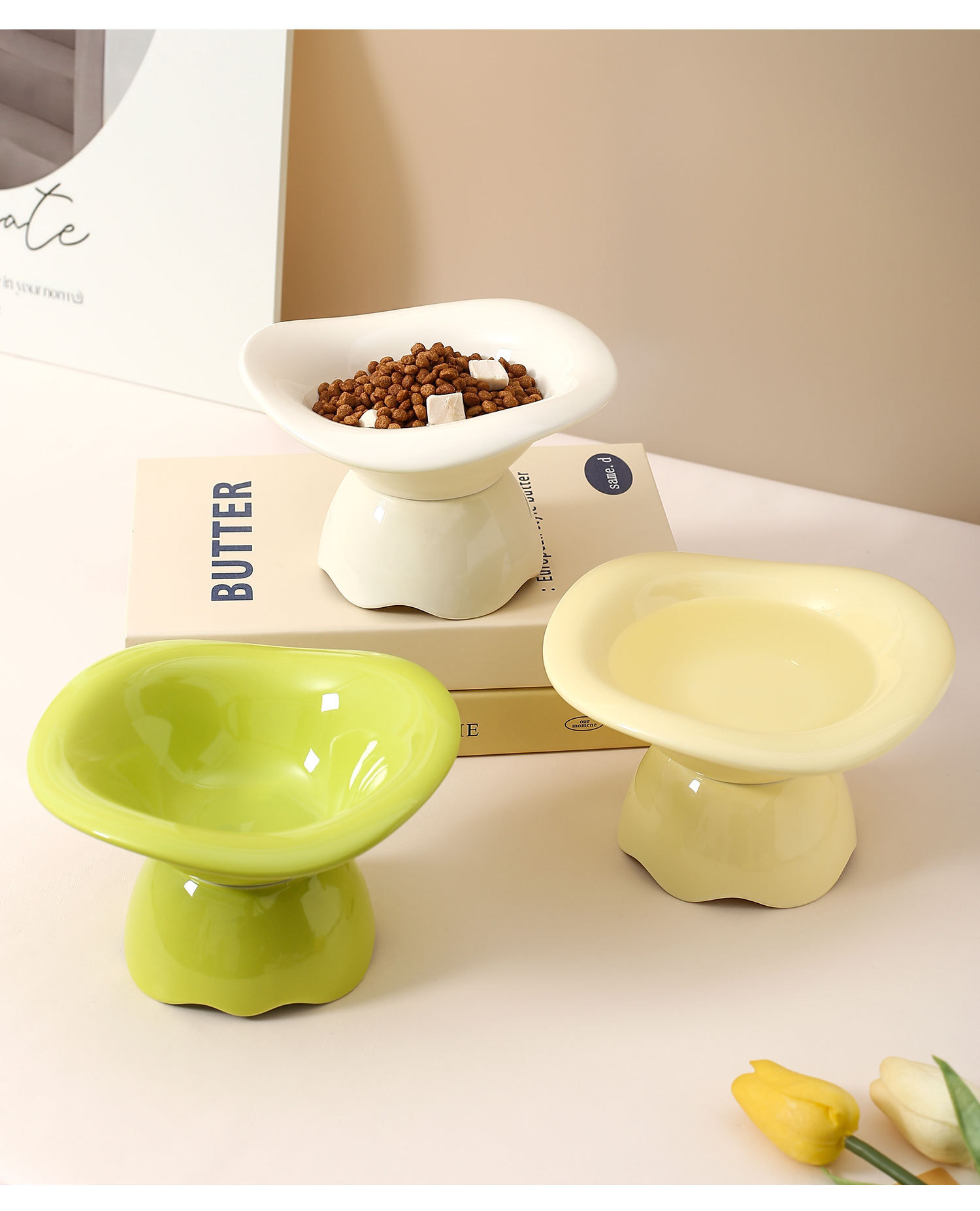 Cream-style series split wavy pet bowl, household ceramic cat bowl and dog bowl, high-legged neck guard bowl, cat and dog food bowl pic 9