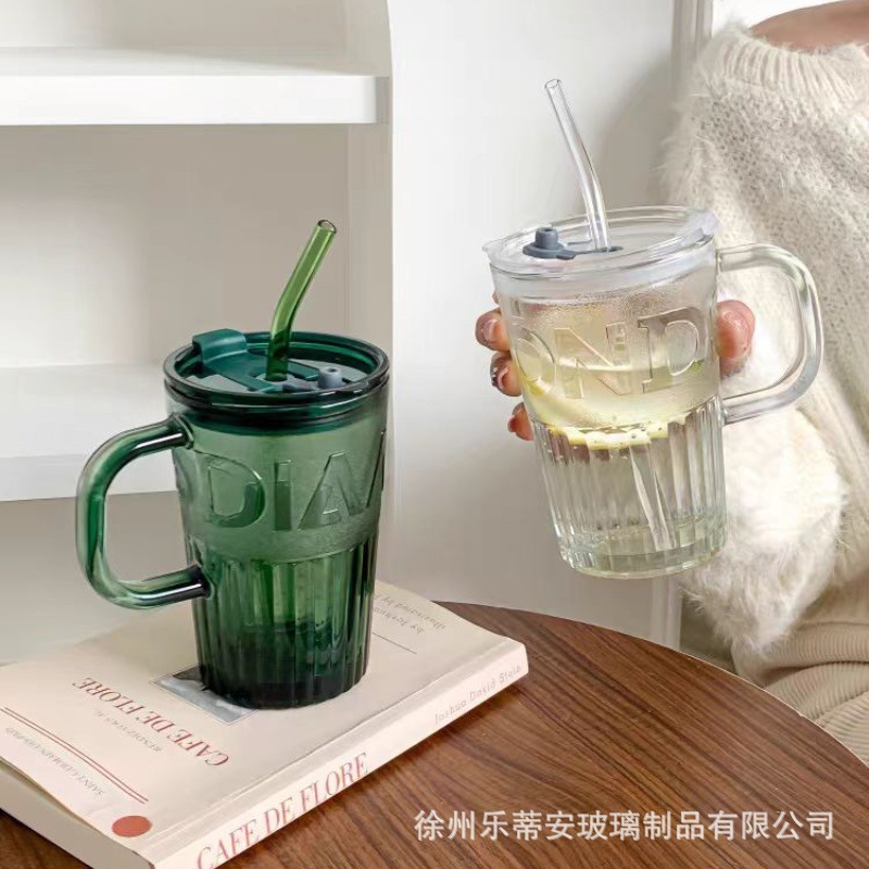 高颜值玻璃杯带盖子吸管便携杯子女喝水杯大容量把手杯高级感杯子详情8