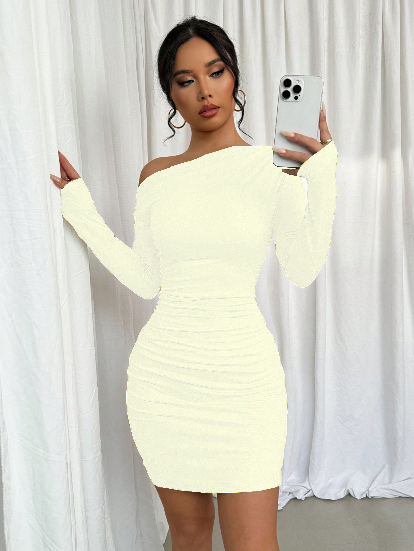 Cross-border foreign trade ins European and American solid-color fitted dress 2025 Autumn new style off-the-shoulder long-sleeved dress, body-hugging dress pic 15